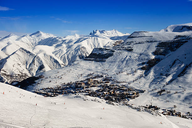 Les Deux Alpes Ski Resort in the French Alps stock photo