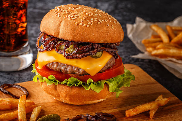 istock Burger, hamburger with french fries and fresh vegetables. 622017506