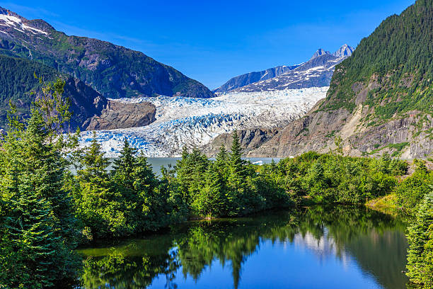 Juneau, Alaska. Mendenhall Glacier Viewpoint with reflection in the lake.
