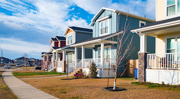 Row of Saskatoon Single Family Houses in New Neighbourhood stock photo