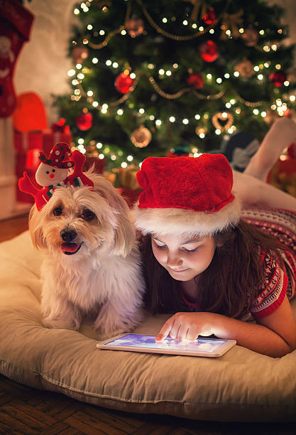istock Beautiful little girl using digital tablet on Christmas night 622034036