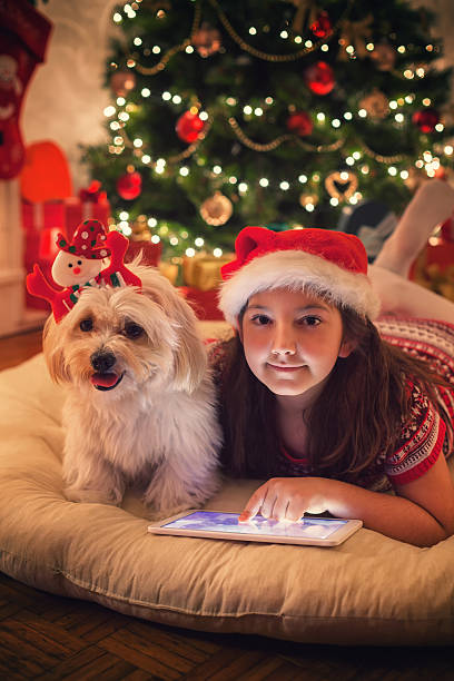 istock Beautiful little girl using digital tablet on Christmas night 622034306
