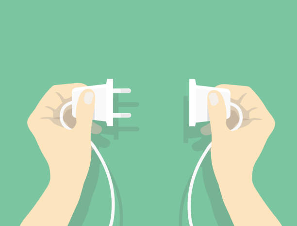 Two hands trying to connect electric plug Two hands trying to connect electric plug together, Connection vector illustration in flat style vector electric plug illustrations stock illustrations