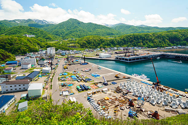 vista superior de la pequeña ciudad de utoro en shiretoko, japón - sea of okhotsk fotografías e imágenes de stock