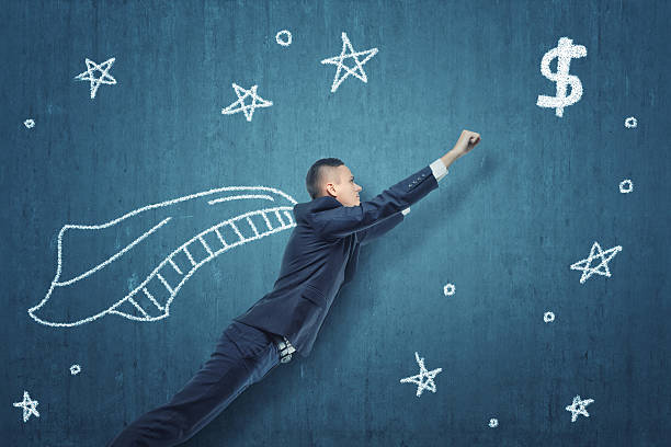 Businessman flying like Superhero to get money A businessman flying like Superhero to get money, on a blue background with stars. In the pursuit of profit. The rush of winning. Business development and the way to success. super money stock pictures, royalty-free photos & images