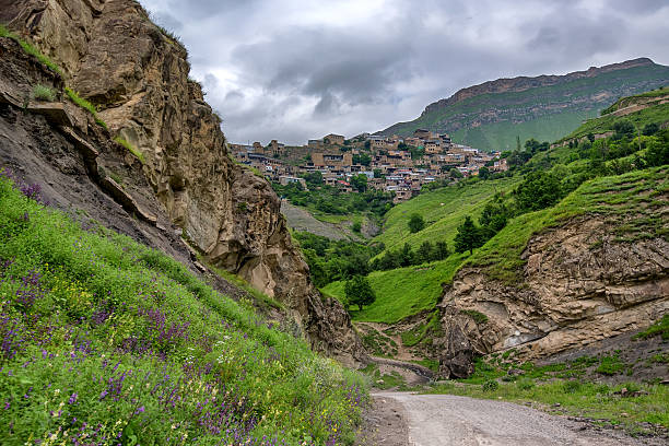 Mountain landscape in Dagestan Scenic mountain landscape with aul Chokh and dramatic sky north caucasus photos stock pictures, royalty-free photos & images