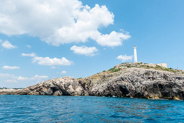 Santa Maria di Leuca iconic lighthouse from the sea in Salento, Apulia, Italy