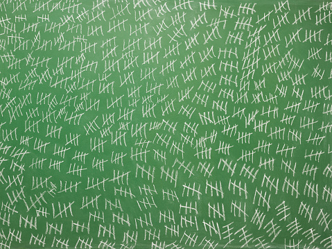 Large amount of tallies on green chalkboard.They are written not in order.No people are seen in frame.Shot with medium format DSLR camera Hasselblad.