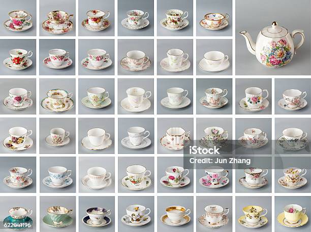 Antique English Teacups And Teapot Stock Photo - Download Image Now - Afternoon Tea, Tea Cup, UK