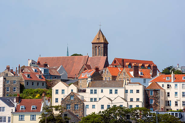 Houses and Church Towers in Saint Peter Port, the capital of Guernsey, Channel Islands, UK.