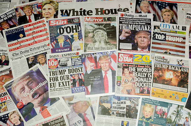 British newspapers reporting on the US presidential election result London, England - November 10, 2016: British newspaper front pages reporting on the US presidential election result in which Donald Trump became the 45th president of the United States. hillary clinton stock pictures, royalty-free photos & images