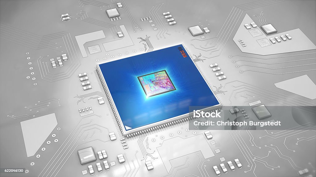Illustration of a computer processor on circuit board Illustration of a computer processor in bright blue on circuit board Semiconductor Stock Photo