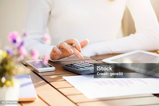 Businesswoman Using Calculator Stock Photo - Download Image Now - Calculator, Women, Currency