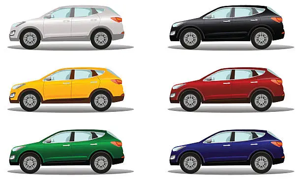 Vector illustration of Set of luxury crossover vehicles in a variety of colors.