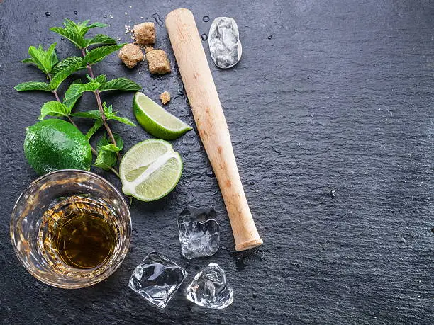 Photo of Mojito cocktail ingredients.