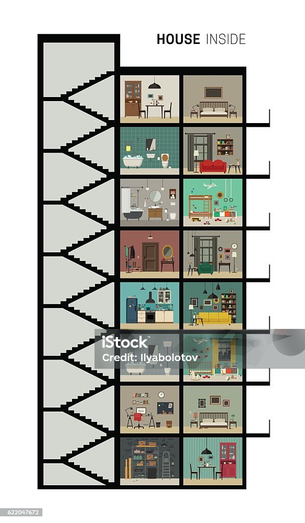 House section House inside interior. Vector flat house with set of basic rooms. High-rise house in cut with furniture. Apartment stock vector