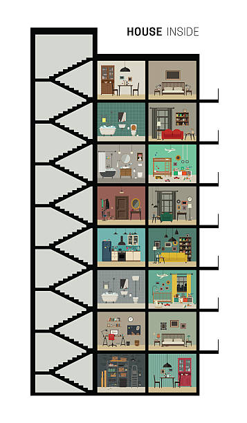 House section House inside interior. Vector flat house with set of basic rooms. High-rise house in cut with furniture. building floor plan stock illustrations