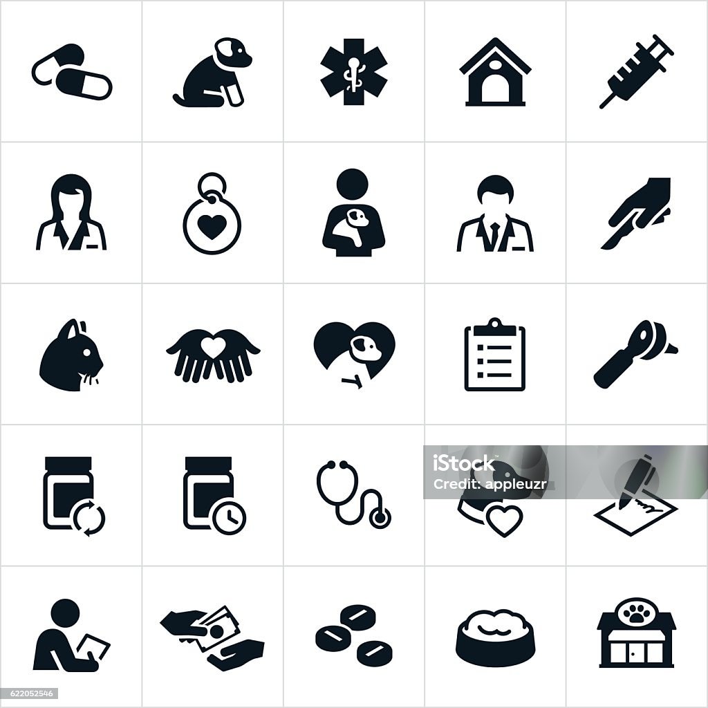 Pet Insurance Icons A set of icons representing the pet insurance or veterinary industry. The icons include vets, dogs, cats, medication, injury, illness and other pet health related icons. Icon Symbol stock vector