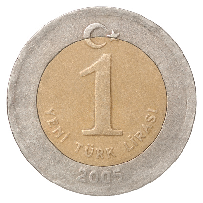 One Turkish Lira closeup isolated on white background