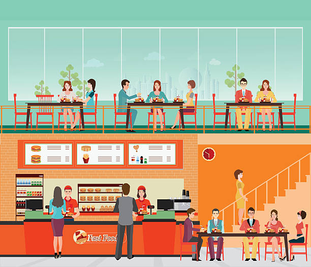 People Buying Fast Food at Fast food restaurant interior . People Buying Fast Food at Fast food restaurant interior with hamburger and beverage, food and drink flat design vector illustration. quick service restaurant cashier stock illustrations