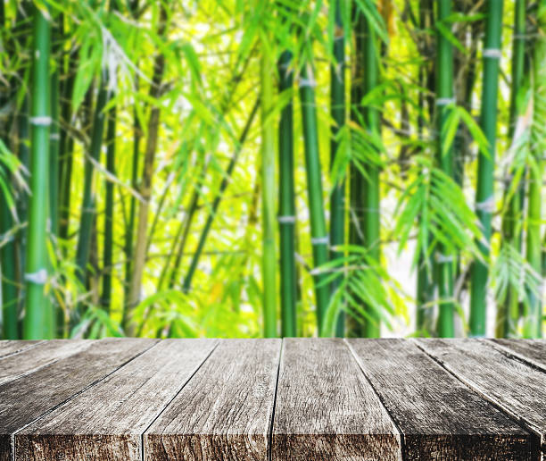 istock Wooden platform and Asian Bamboo forest with morning sunlight 622056490