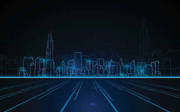 illustrazioni stock, clip art, cartoni animati e icone di tendenza di torre paesaggio urbano blu luce design tech fantascienza concetto sfondo - city