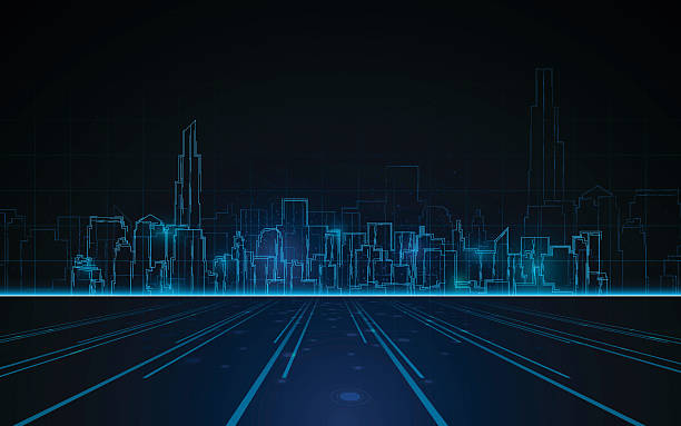 stockillustraties, clipart, cartoons en iconen met tower cityscape blue light design tech sci fi concept background - toren bouwwerk
