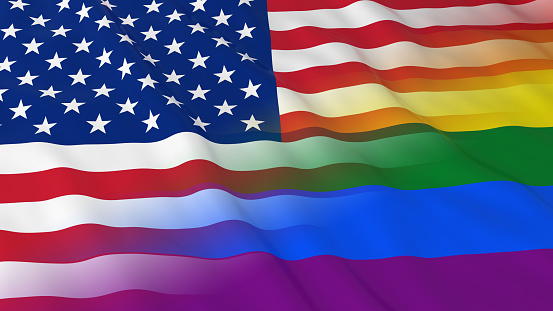 Gay Pride in the USA Concept - Merged Rainbow Flag and American Flag 3D Illustration