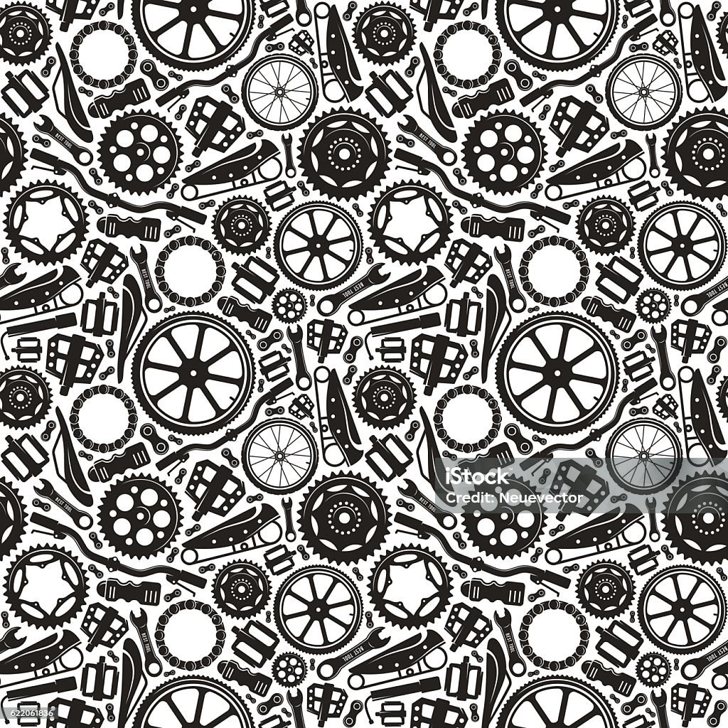 Seamless pattern with image of bicycle details Seamless pattern with image of bicycle details. Black print on white background Bicycle stock vector
