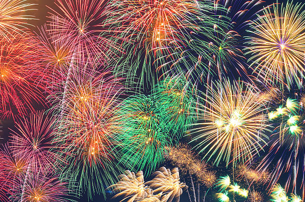 istock Colorful fireworks on the black sky background 622067132