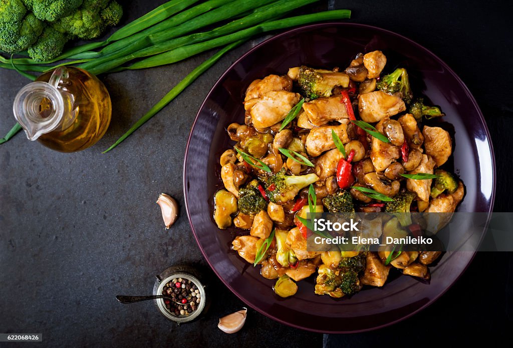 Stir fry with chicken, mushrooms, broccoli and peppers Stir fry with chicken, mushrooms, broccoli and peppers - Chinese food. Top view Chicken Meat Stock Photo