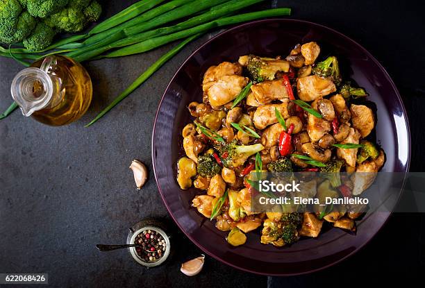 Stir Fry With Chicken Mushrooms Broccoli And Peppers Stock Photo - Download Image Now