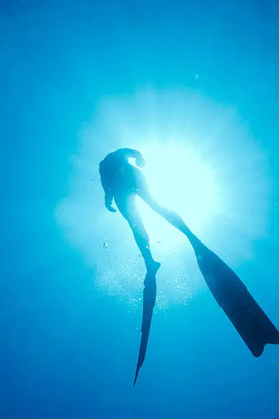 Apnea. Freediving. Women diving into the deep sea. Underwater snorkeling adventure. 