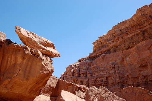 Eroded sandstone rock landscape in Arava desert mountains, Israel