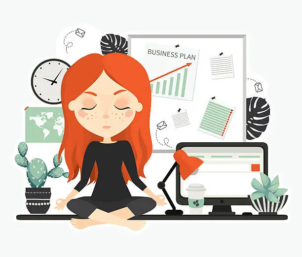 Vector illustration of Cute beautiful young woman at work.