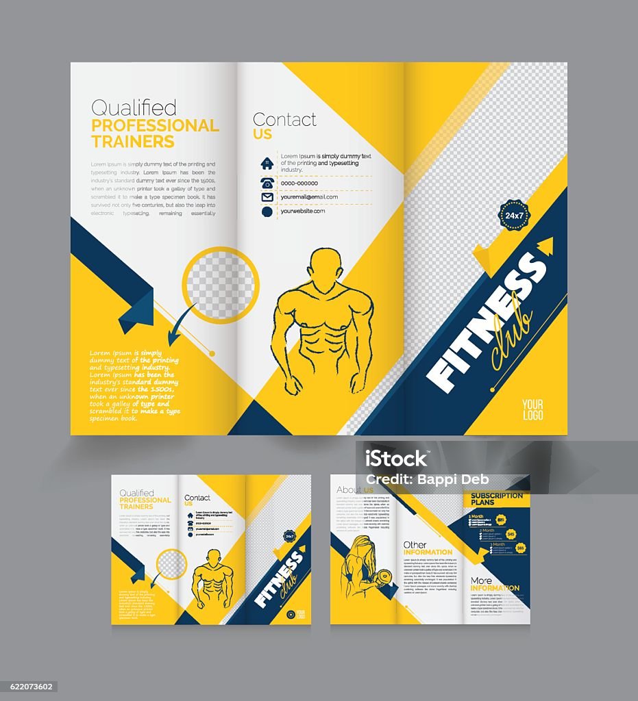 Tri Fold Fitness Brochure Design Template Vector Tri Fold Fitness Brochure Design Template - Fitness Brochure Design - Gym Class Brochure Design Tri-Fold Brochure stock vector