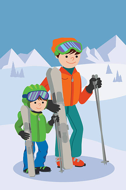 ilustrações de stock, clip art, desenhos animados e ícones de father and son skiing in snow mountain. family winter sport - winter men joy leisure activity
