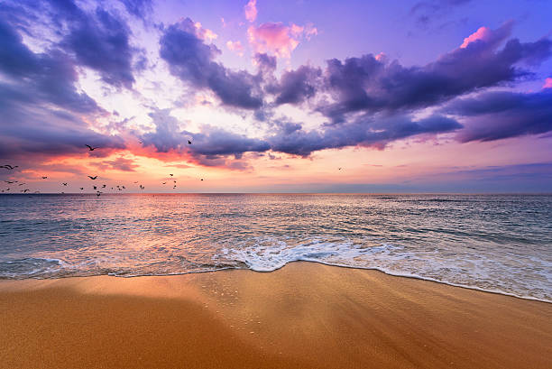 temprano en la mañana, amanecer sobre el mar. arenas doradas. - cloud cloudscape above pattern fotografías e imágenes de stock