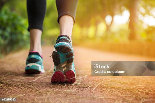 Close Up Shot Of Runners Shoes Stock Photo - Download Image Now - Walking, Exercising, Women