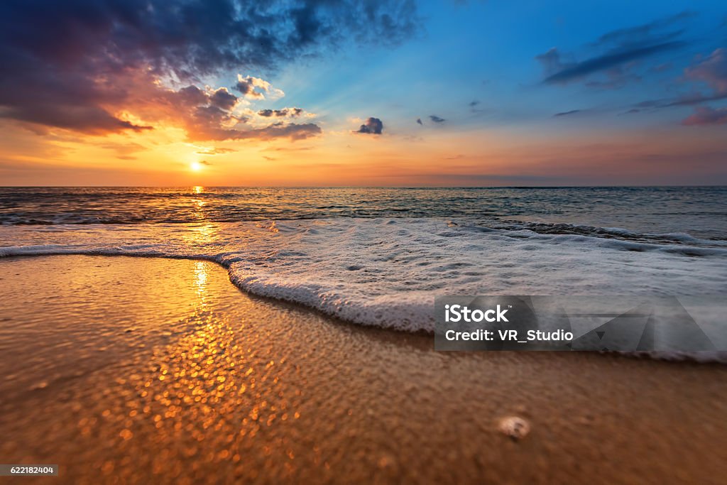 Seascape during sundown. Beautiful natural seascape Beach Stock Photo