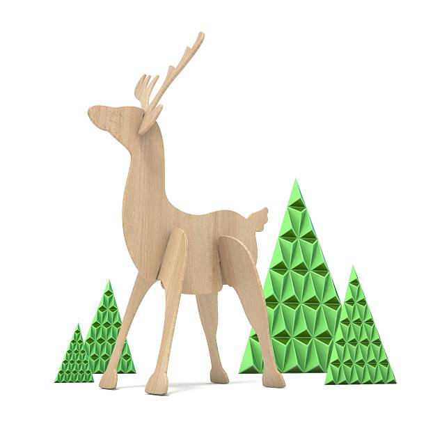 istock Wooden reindeer and abstract triangulated trees. 3D 622183610