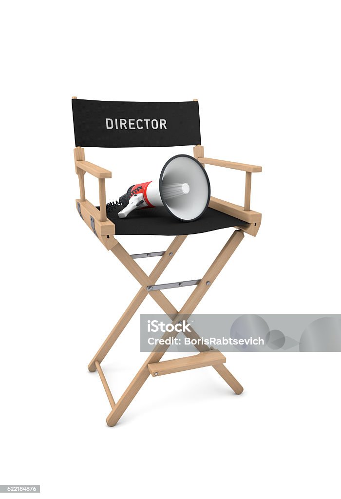 Film director's chair with megaphone isolated on white. 3D rende Film director's chair with megaphone isolated on white background. 3D rendering Manager Stock Photo