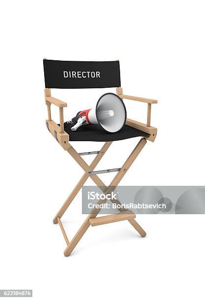 Film Directors Chair With Megaphone Isolated On White 3d Rende Stock Photo - Download Image Now