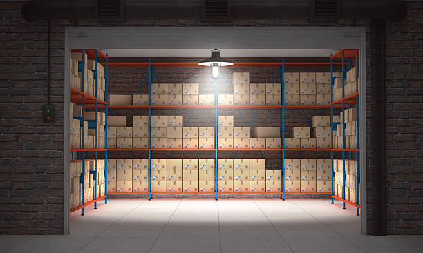 Self storage unit full of cardboard boxes. 3d rendering stock photo