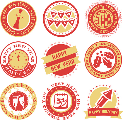Set of 9 labels and seals for New year holiday.