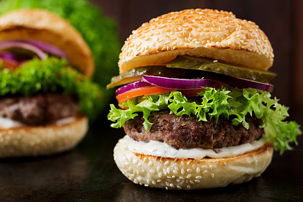 istock Big sandwich - hamburger burger with beef, pickles, tomato 622186870
