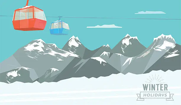 Vector illustration of snowy winter mountain landscape background with ski lift