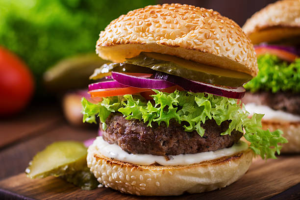 istock Big sandwich - hamburger burger with beef, pickles, tomato 622187514