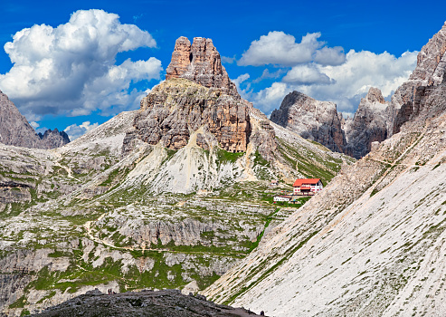 A scenic view of Three Peaks of Lavaredo in Dolomites Mountain, South Tyrol, Italy