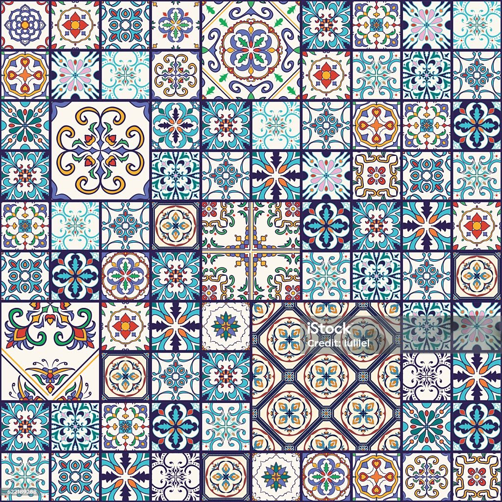 Vector seamless texture. Mega patchwork pattern with decorative elements Vector seamless texture. Beautiful mega patchwork pattern for design and fashion with decorative elements. Portuguese tiles, Azulejo, Moroccan ornaments Tiled Floor stock vector